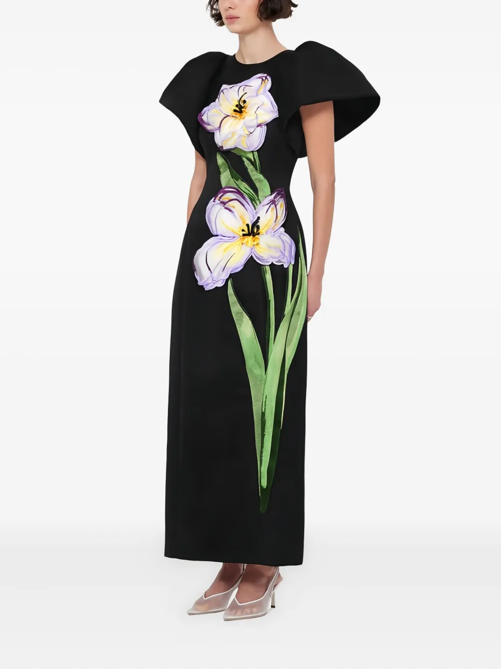 Leo Lin puff-sleeve floral dress Zwart