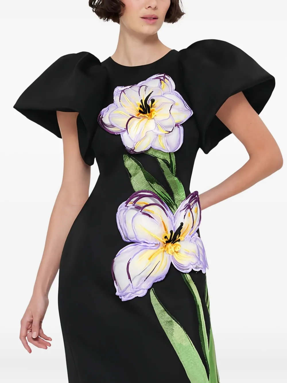 Leo Lin puff-sleeve floral dress Zwart