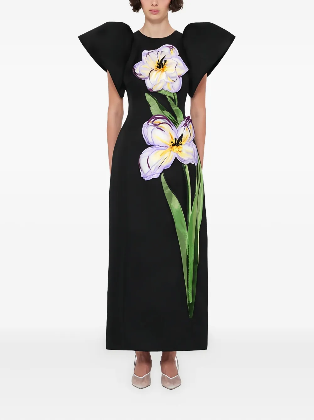Leo Lin puff-sleeve floral dress Zwart
