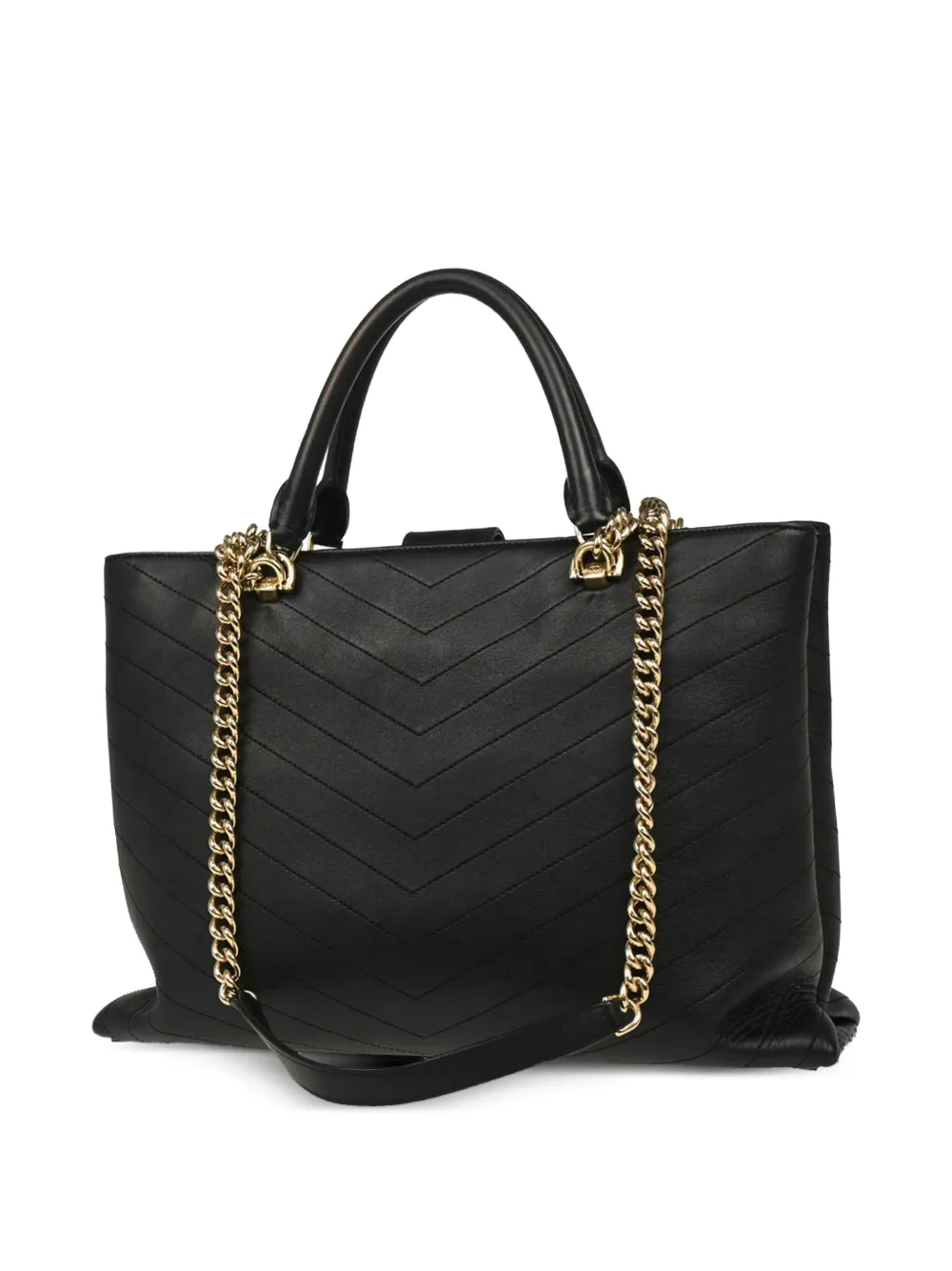 Pre-owned Chanel 2018-2019 Lambskin Chevron Shoulder Tote Bag In Black