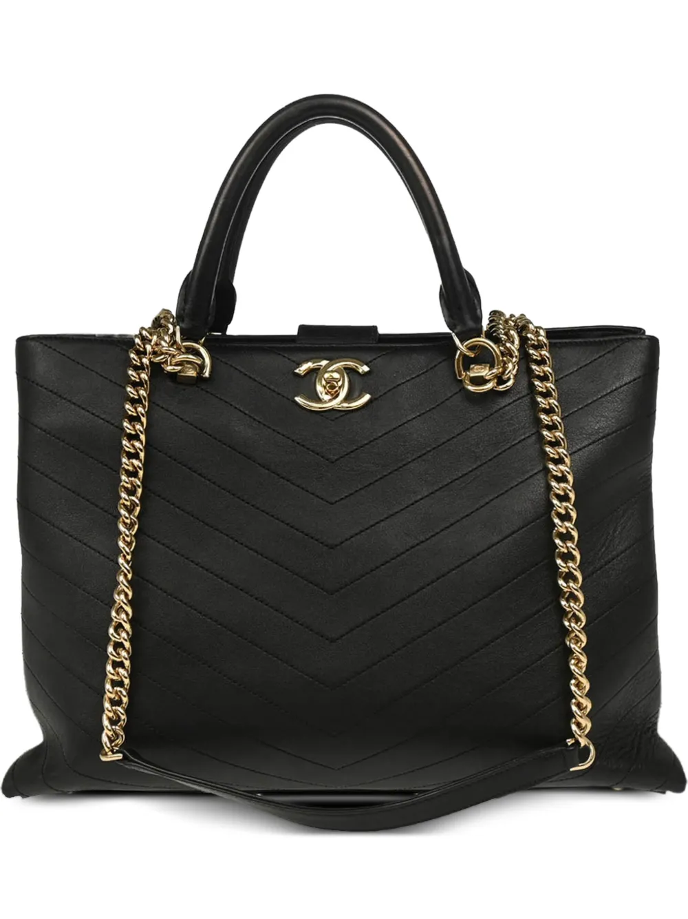 Pre-owned Chanel 2018-2019 Lambskin Chevron Shoulder Tote Bag In Black