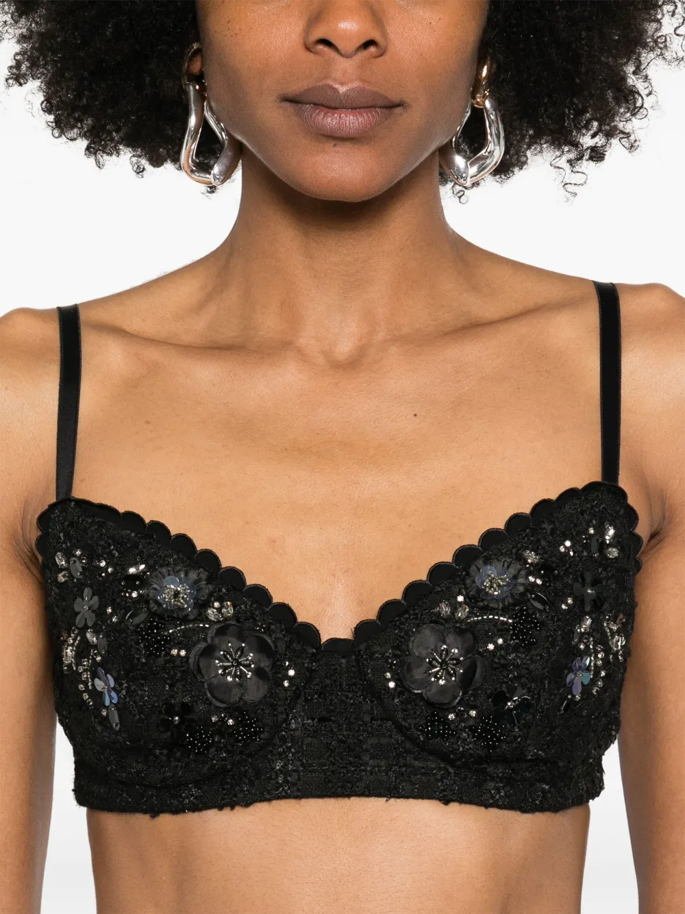 Elisabetta Franchi Tweed bh-top met geborduurde bloemen Zwart