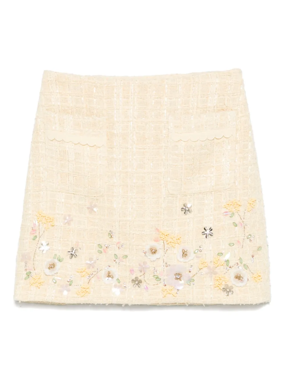 Elisabetta Franchi Tweed mini-rok met geborduurde bloemen Geel
