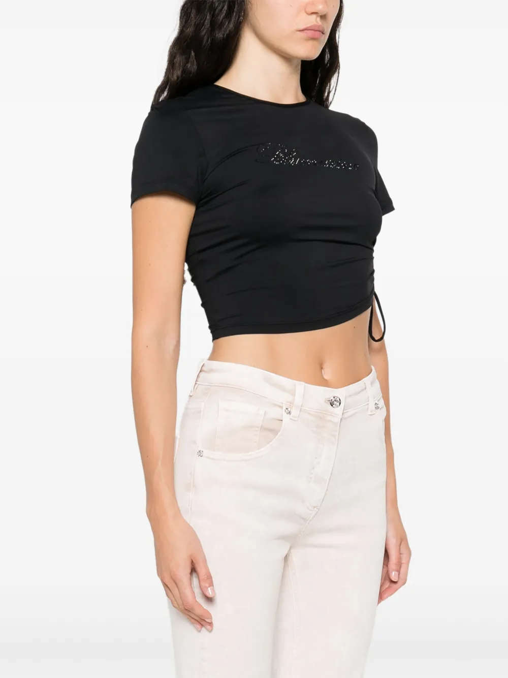 Shop Blumarine Rhinestone-logo T-shirt In Black