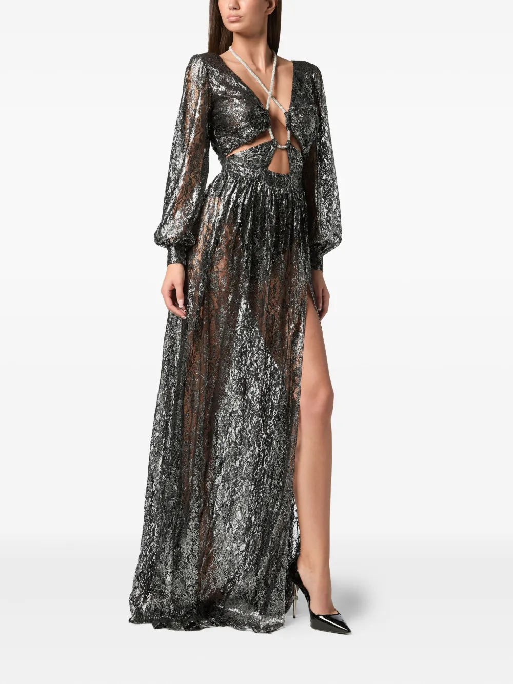 Philipp Plein crystal lace maxi dress - Zwart