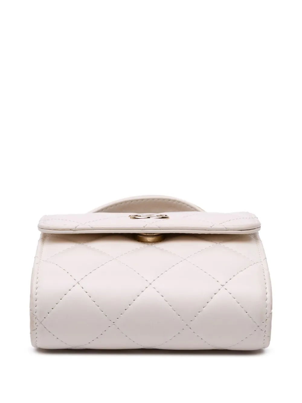 Pre-owned Chanel 2021-2024 Mini Cc Quilted Lambskin Kiss Lock Frame Top Handle Clutch With Chain Satchel In White