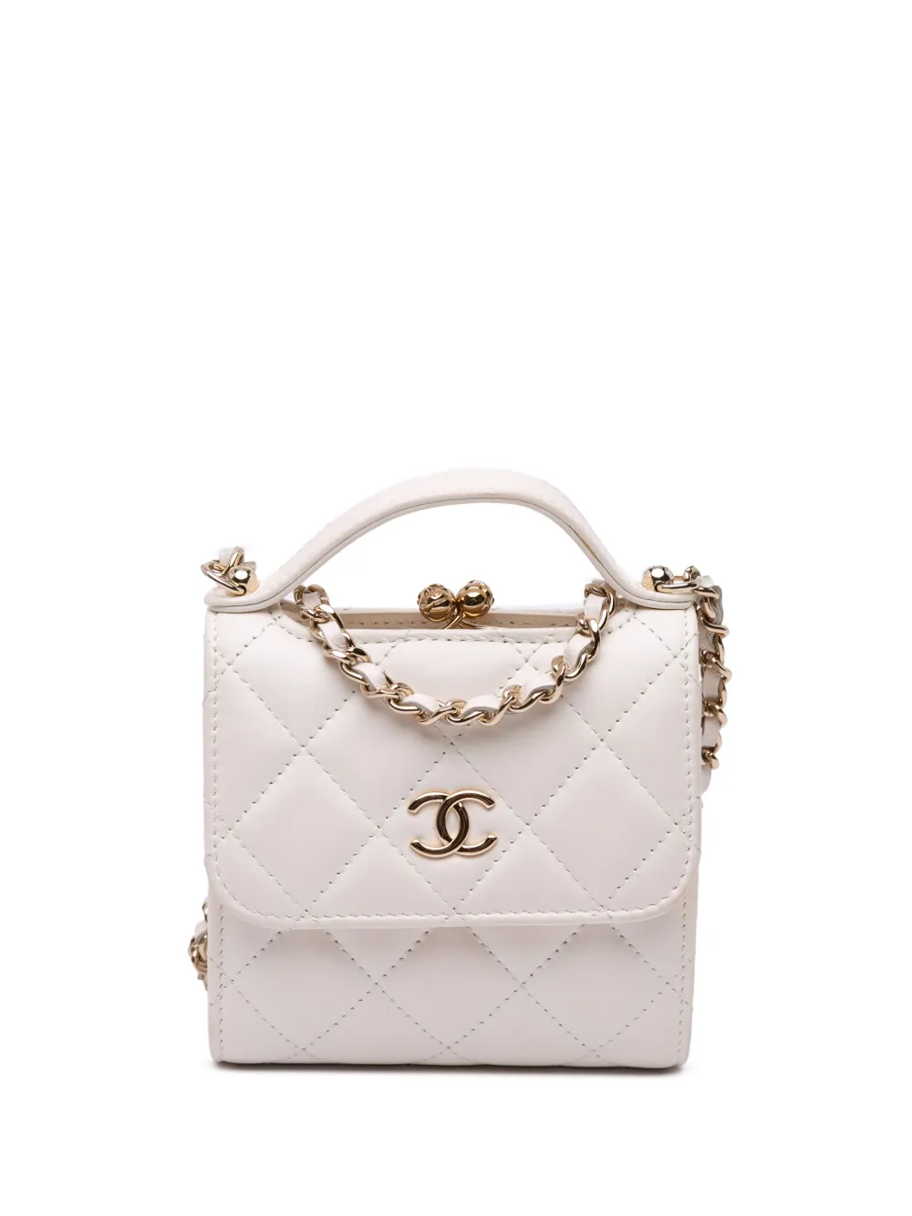 CHANEL Pre-Owned 2021-2024 Mini CC Quilted Lambskin Kiss Lock Frame Top Handle Clutch with Chain satchel | White | Image 1