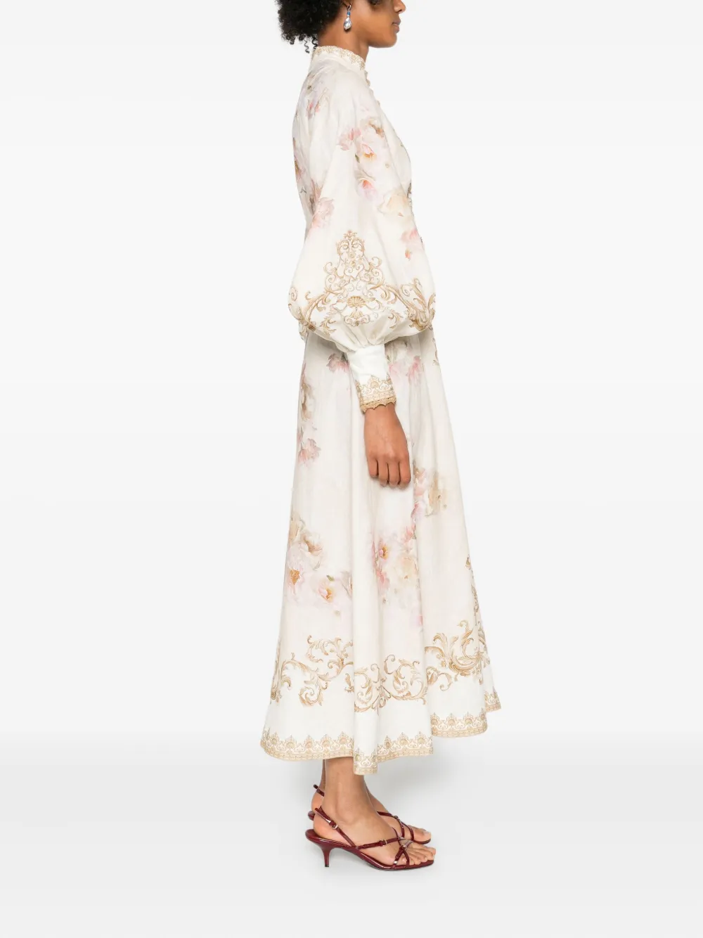 Zimmermann Womens Cream Peony Printed Silk-belt Buttoned Linen Midi Dress Xxs In Neutral