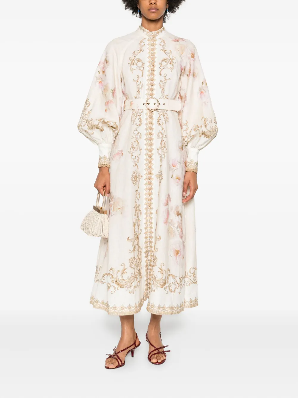 Zimmermann Womens Cream Peony Printed Silk-belt Buttoned Linen Midi Dress Xxs In Neutral