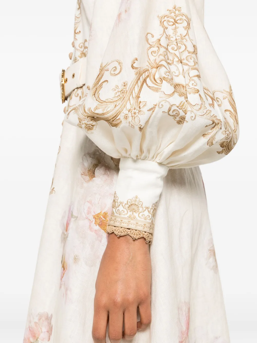 Zimmermann Womens Cream Peony Printed Silk-belt Buttoned Linen Midi Dress Xxs In Neutral