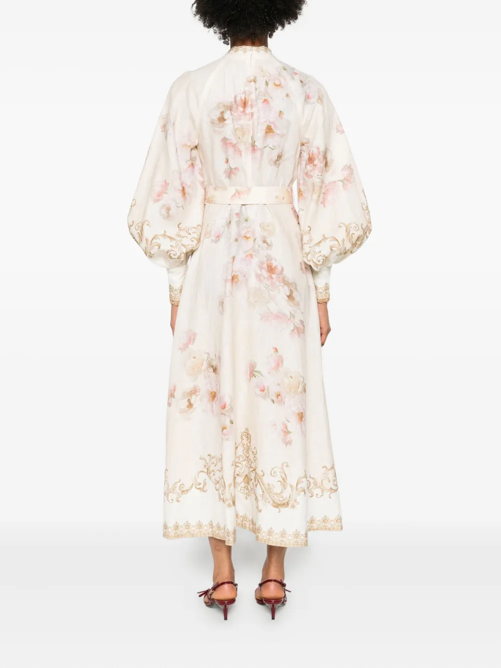 Zimmermann Womens Cream Peony Printed Silk-belt Buttoned Linen Midi Dress Xxs In Neutral