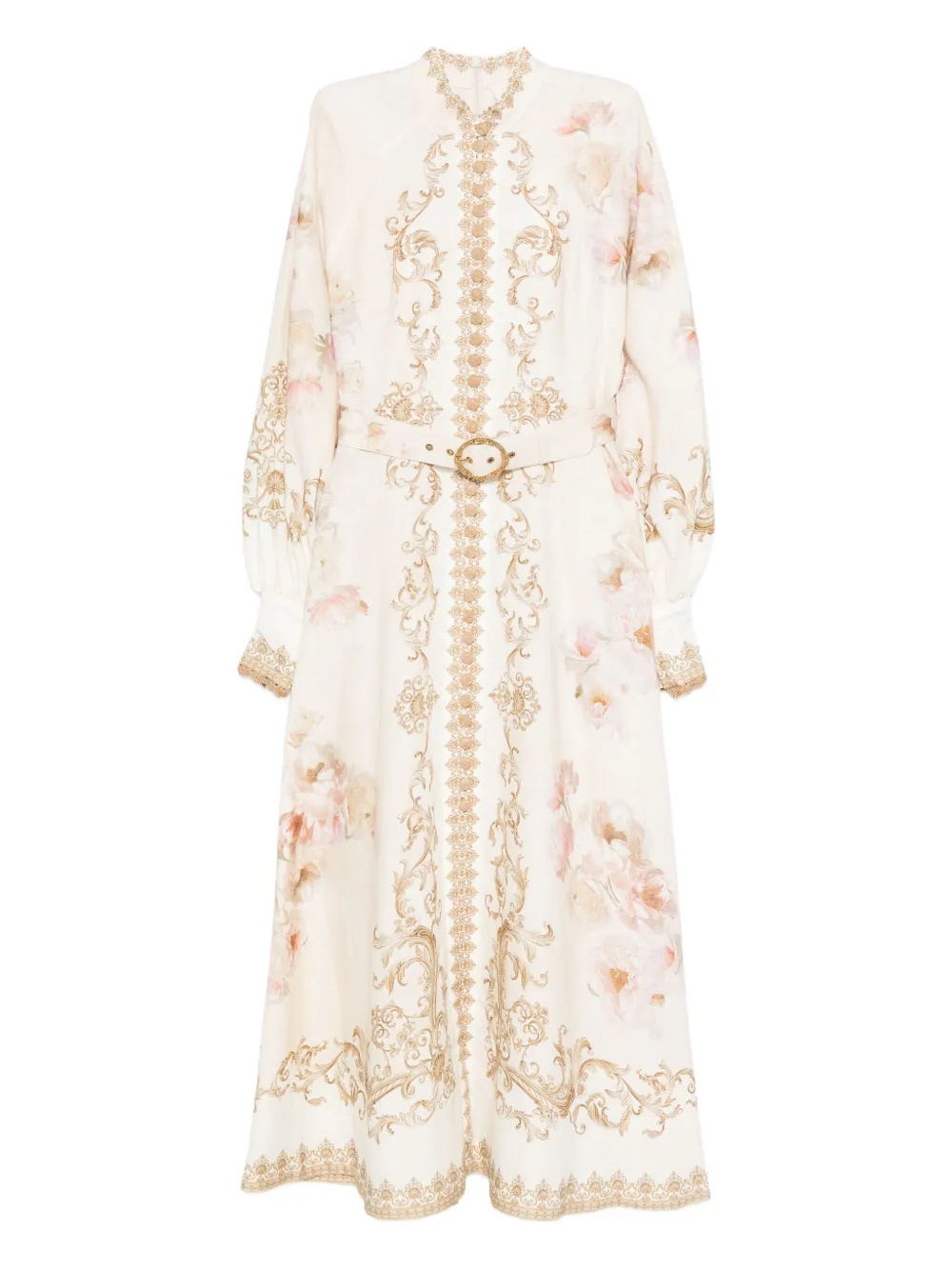 Zimmermann Womens Cream Peony Printed Silk-belt Buttoned Linen Midi Dress Xxs In Neutral