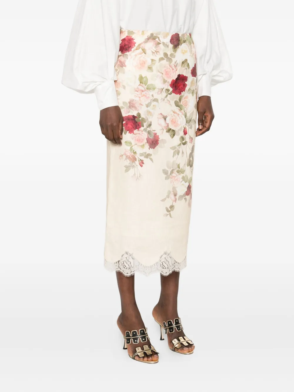ZIMMERMANN Rok met kanten afwerking en bloemenprint Beige