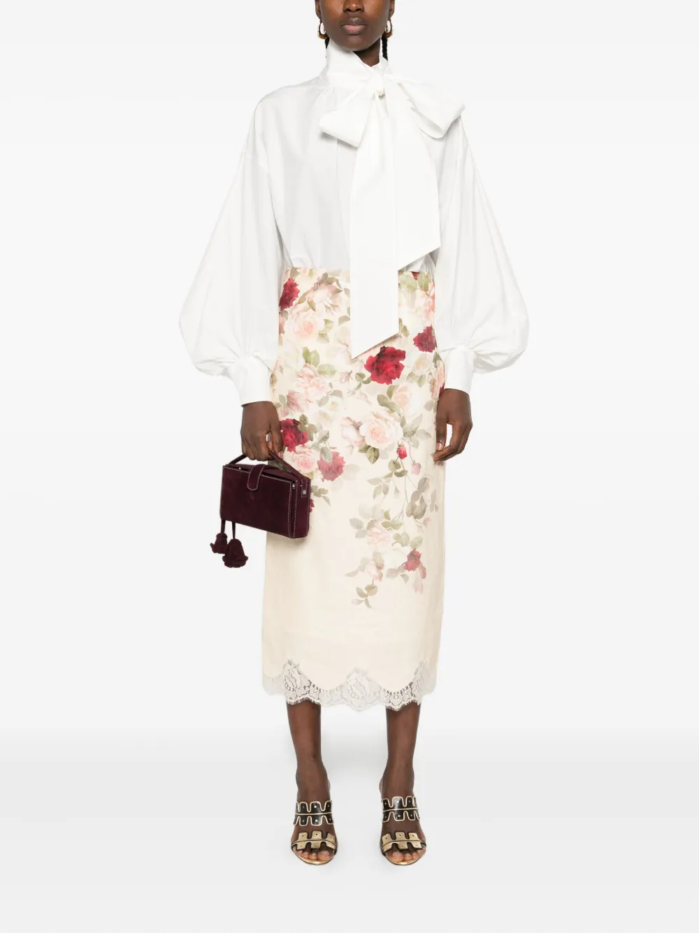 ZIMMERMANN Rok met kanten afwerking en bloemenprint Beige