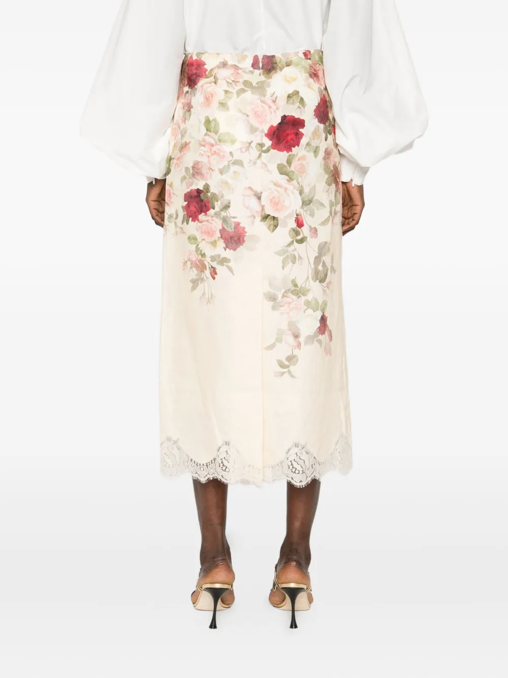 ZIMMERMANN Rok met kanten afwerking en bloemenprint Beige