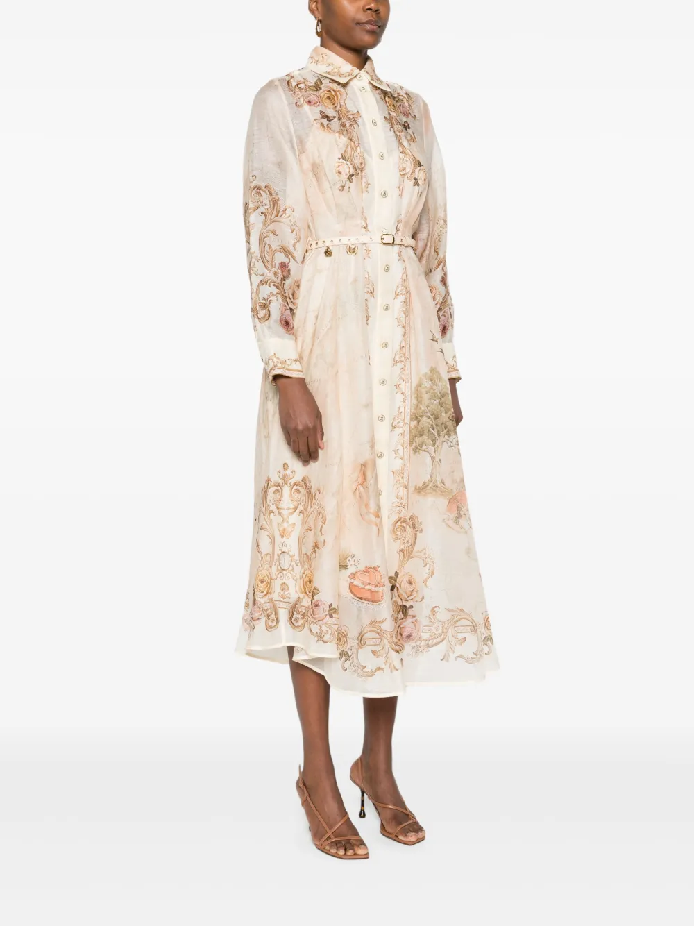 Zimmermann Memento Map Print Long Sleeve Belted Shirtdress In Neutral