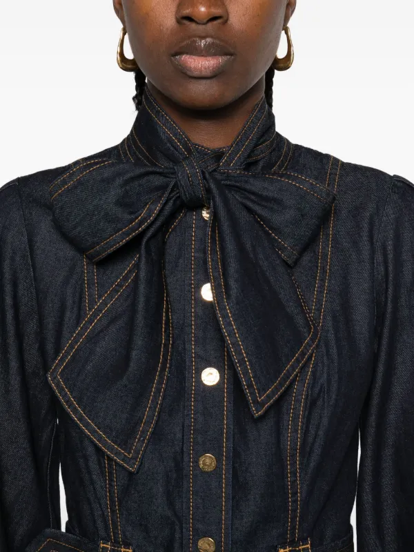 ZIMMERMANN tied-neck Ruffled Denim Dress | Blue | FARFETCH