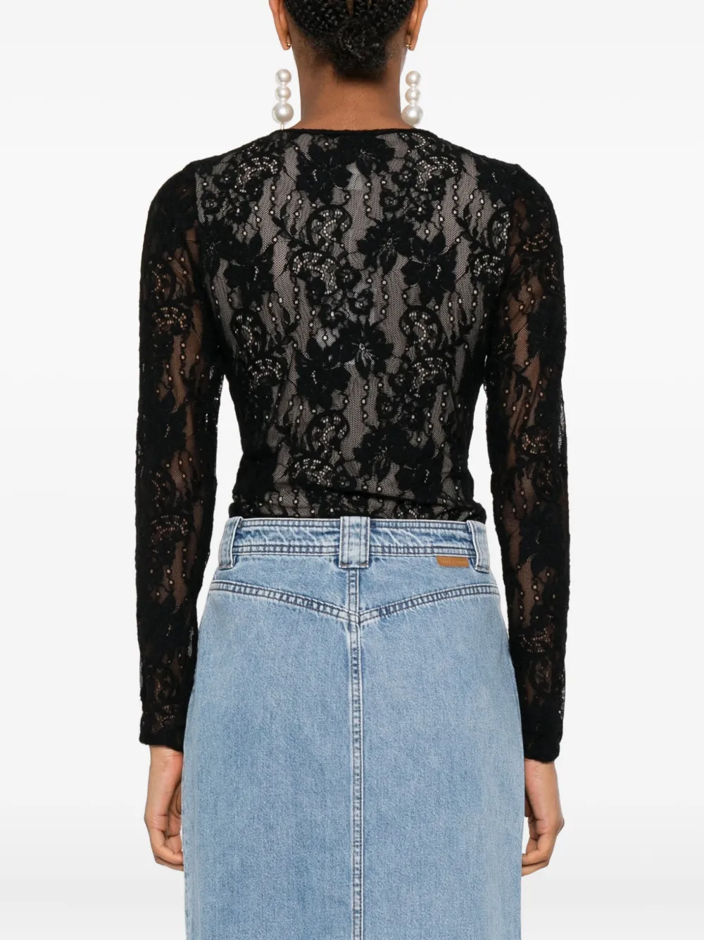 Zimmermann Fitted Black Lace Bodysuit With Floral Design And Inset Jelly Ribbon In Black