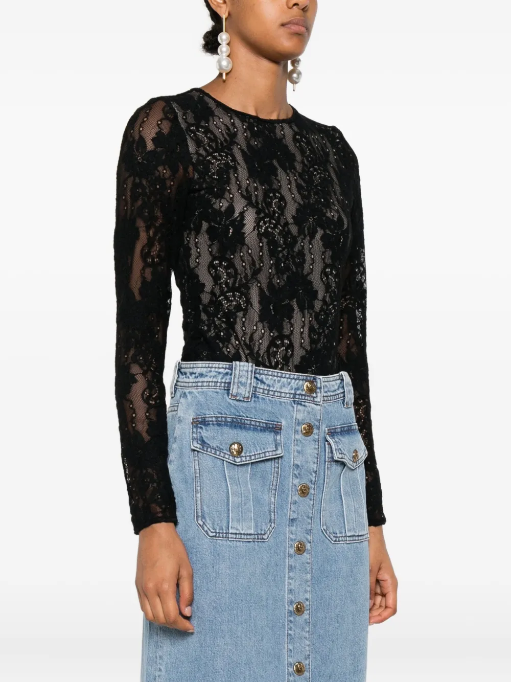 Zimmermann Fitted Black Lace Bodysuit With Floral Design And Inset Jelly Ribbon In Black