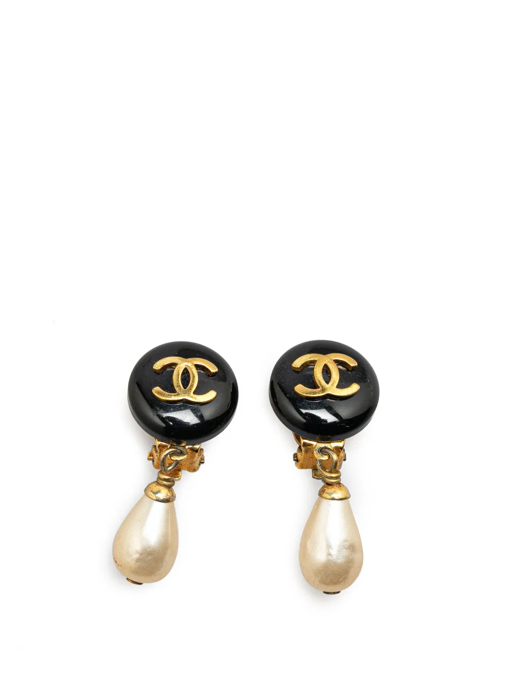 CHANEL Pre-Owned 1995 Gold Plated CC Faux Pearl Swing Clip On Earrings costume earrings | Gold | Image 1