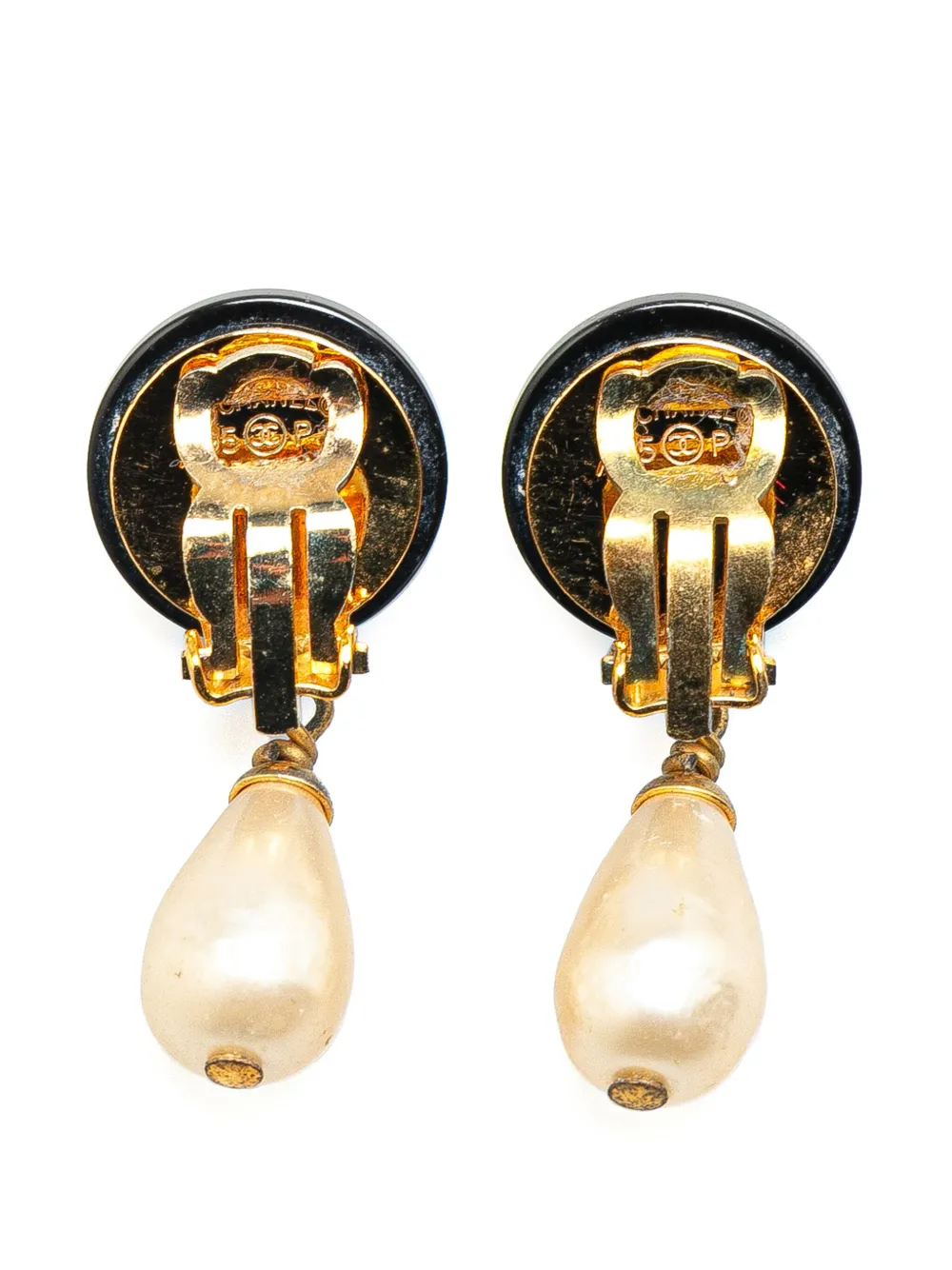 CHANEL Pre-Owned 1995 Gold Plated CC Faux Pearl Swing Clip On Earrings costume earrings | Image 2