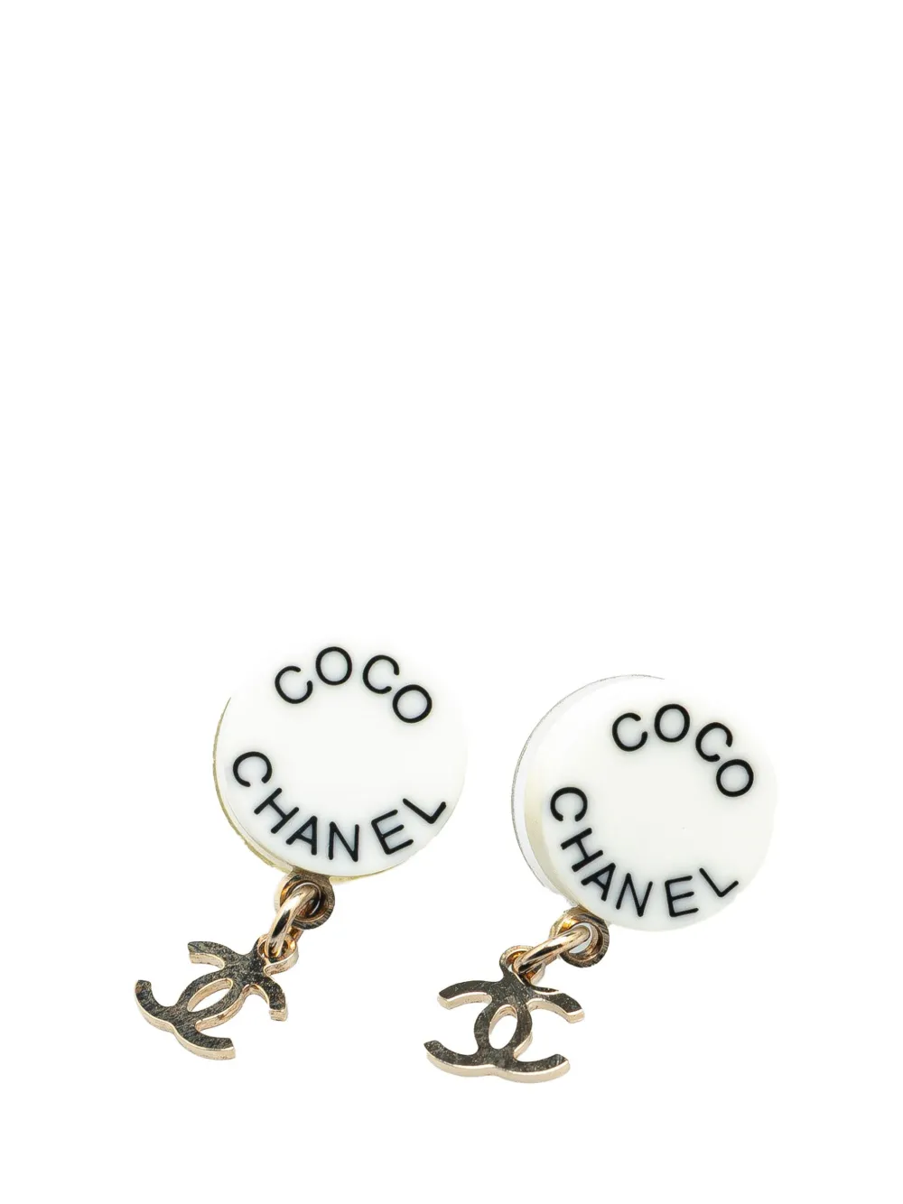 CHANEL Pre-Owned 2007 Gold Plated Acrylic CC Dangle Coco Chanel Push Back Earrings costume earrings | White | Image 1