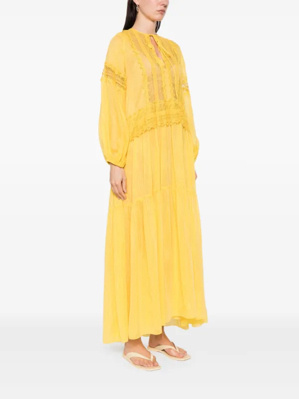 yellow embroidered maxi dress Women's Meadow Mornings Yellow Stripe Floral Embroidered Cotton Maxi Dress | Size: L