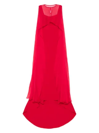 fitted lace wedding dress Rosana Red Tiered Cape Maxi Dress with High Slit