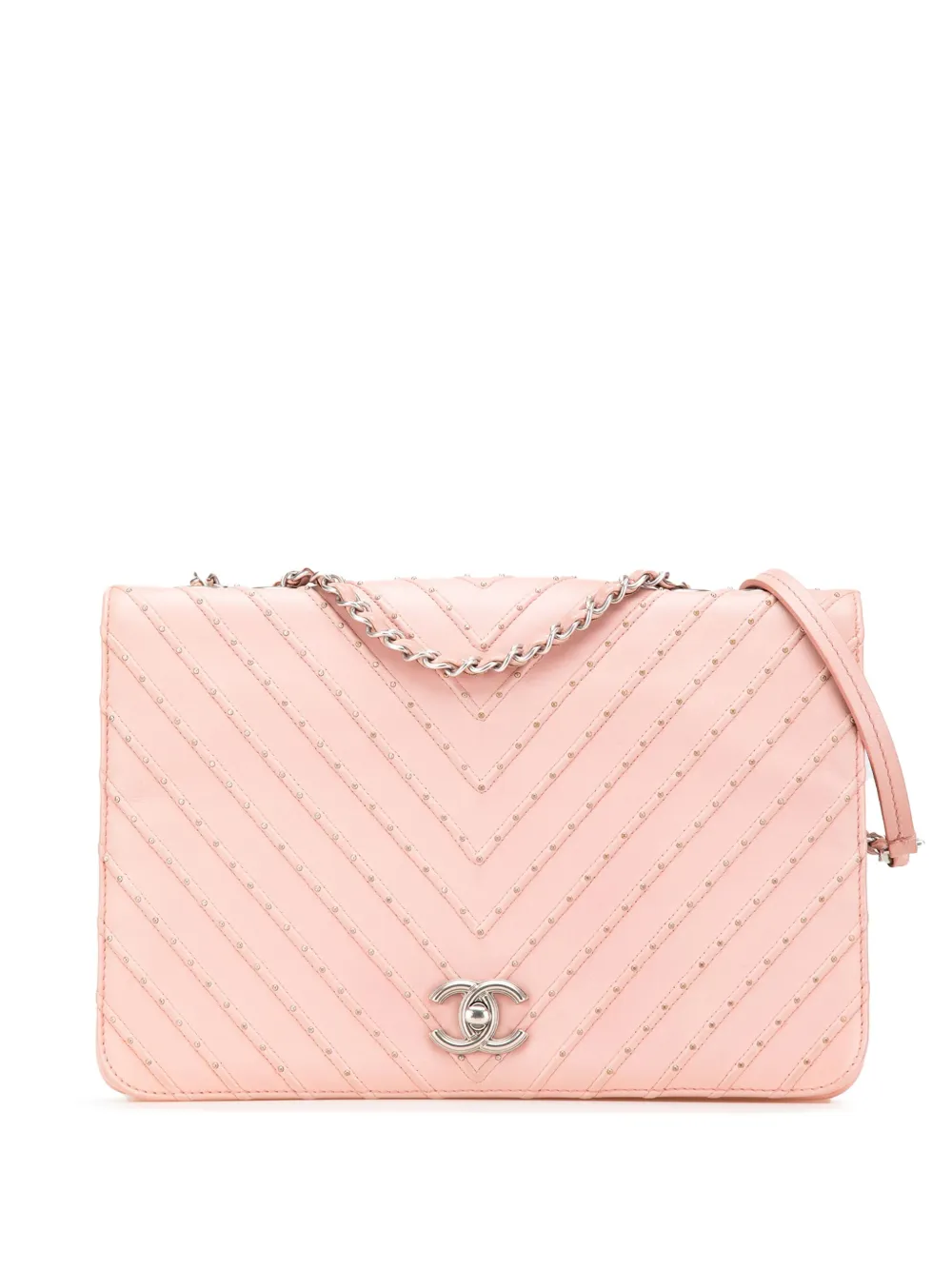 CHANEL Pre-Owned 2018 Chevron Calfskin Studded Full Flap crossbody bag | Pink | Image 1