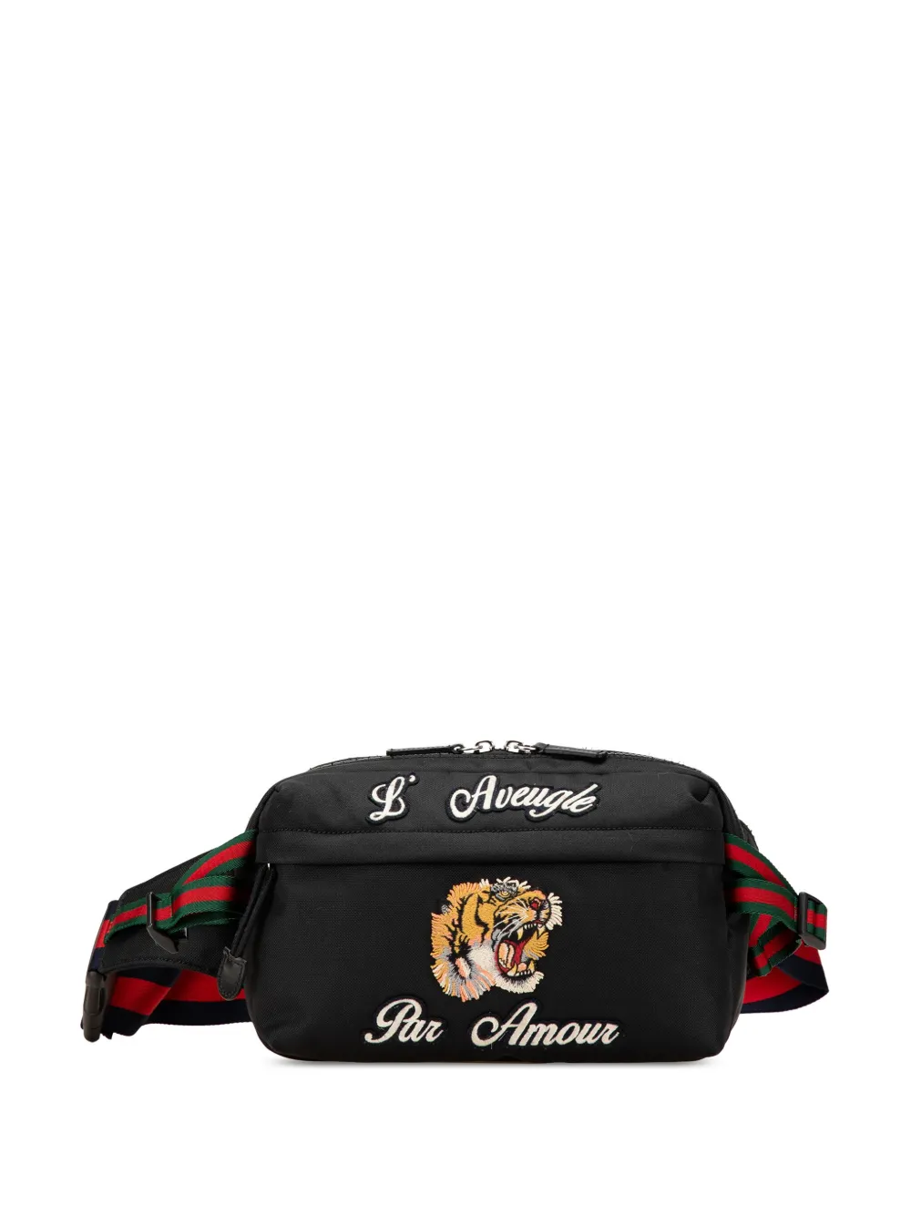 Pre-owned Gucci 2016-2024 Techno Canvas Web L Aveugle Par Amour Embroidered Belt Bag In Black