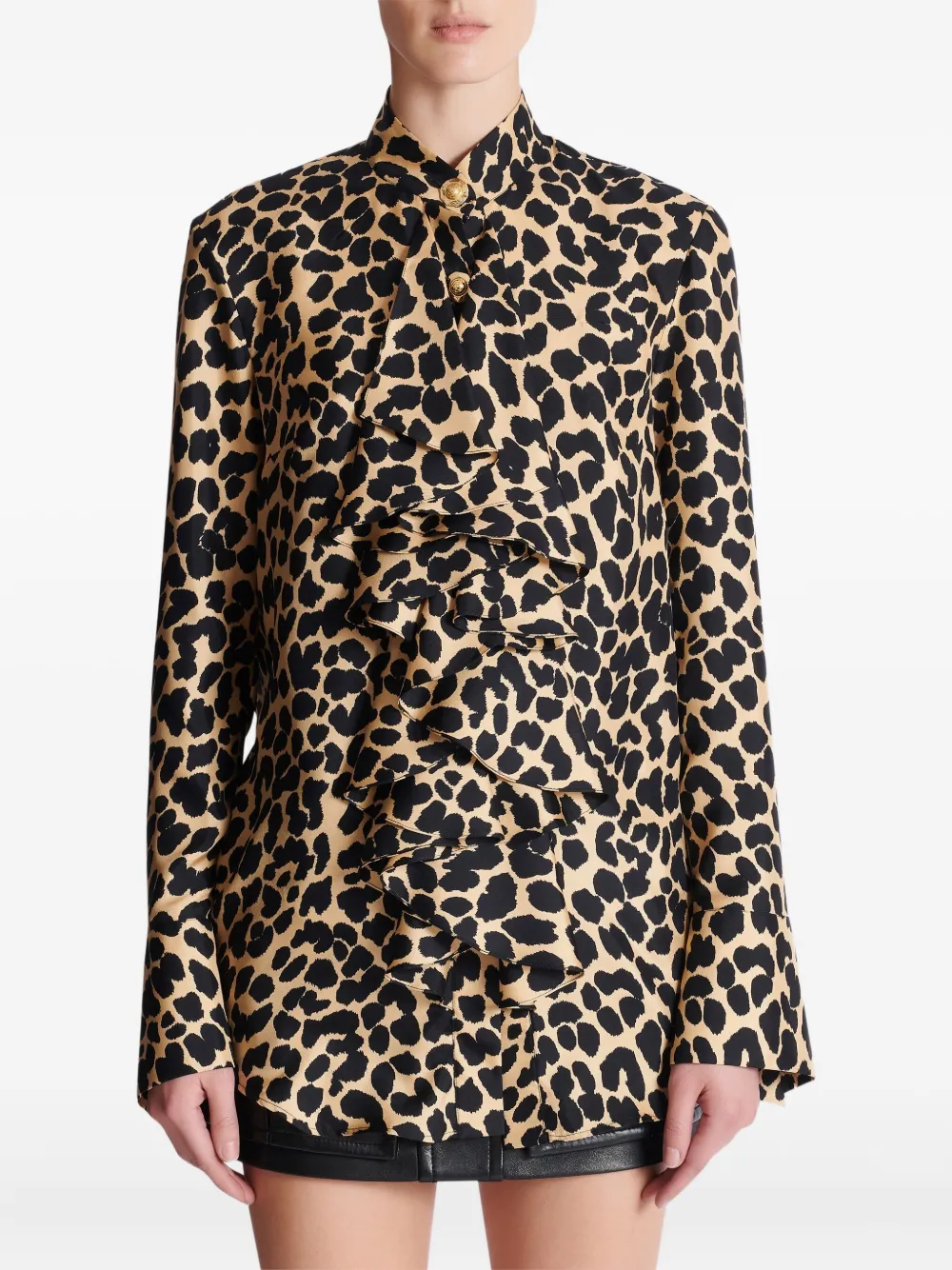 Balmain Blouse met luipaardprint en ruches Beige