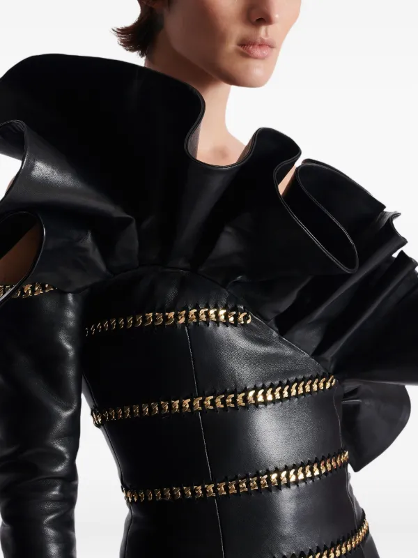 Balmain Women's Asymmetric Leather Bodycon Dress With Chains - Black - Mini dresses Balmain Women's Asymmetric Leather Bodycon Dress With Chains - Black - Mini dresses