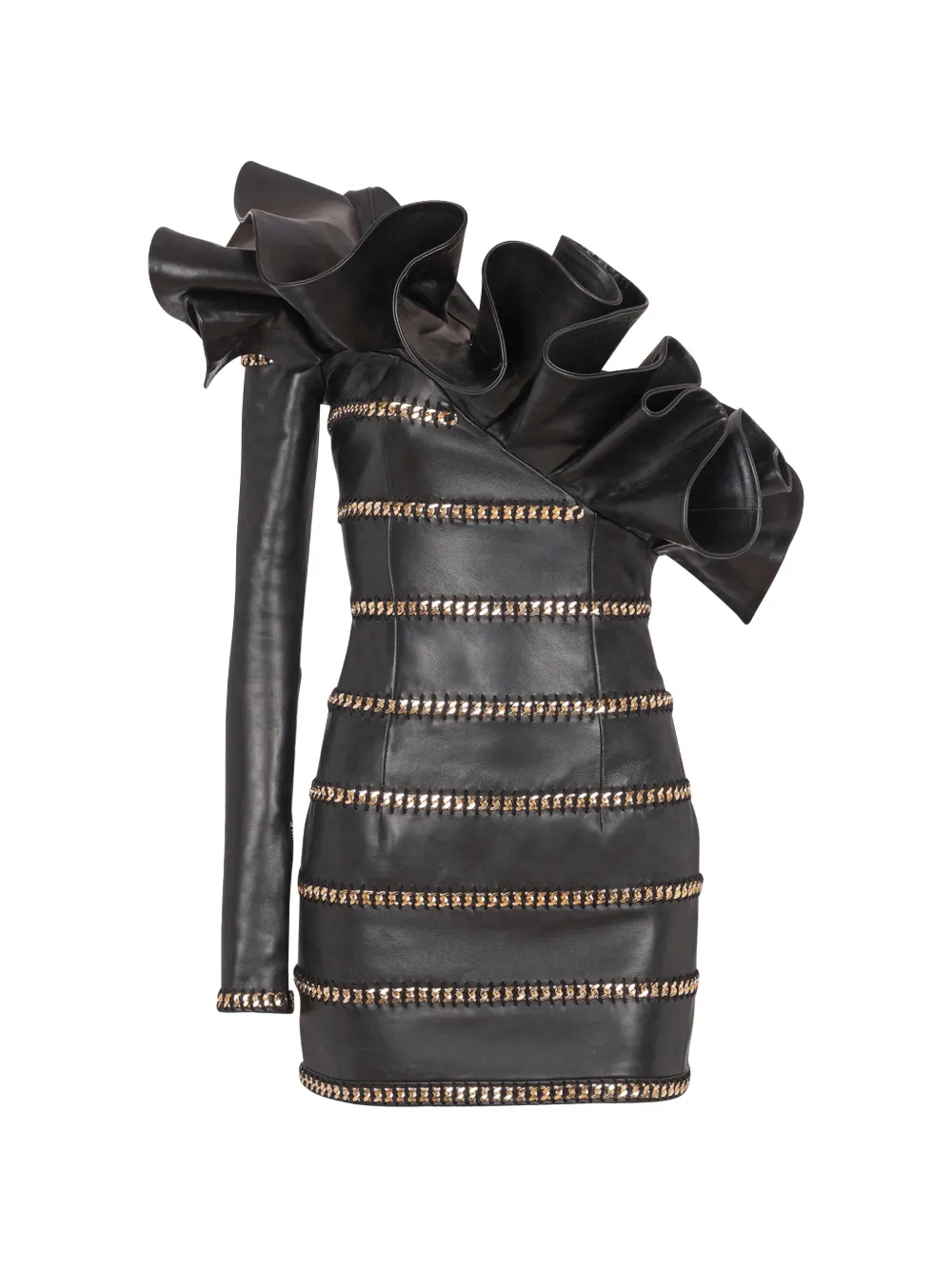 Balmain Asymmetrische leren bodycon jurk met kettingen Zwart