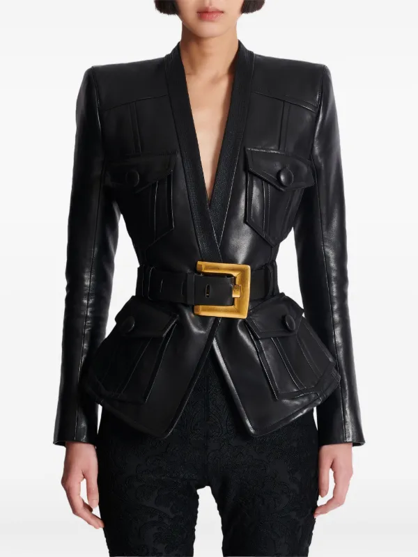 Balmain ベルテッド レザージャケット | ブラック | FARFETCH JP