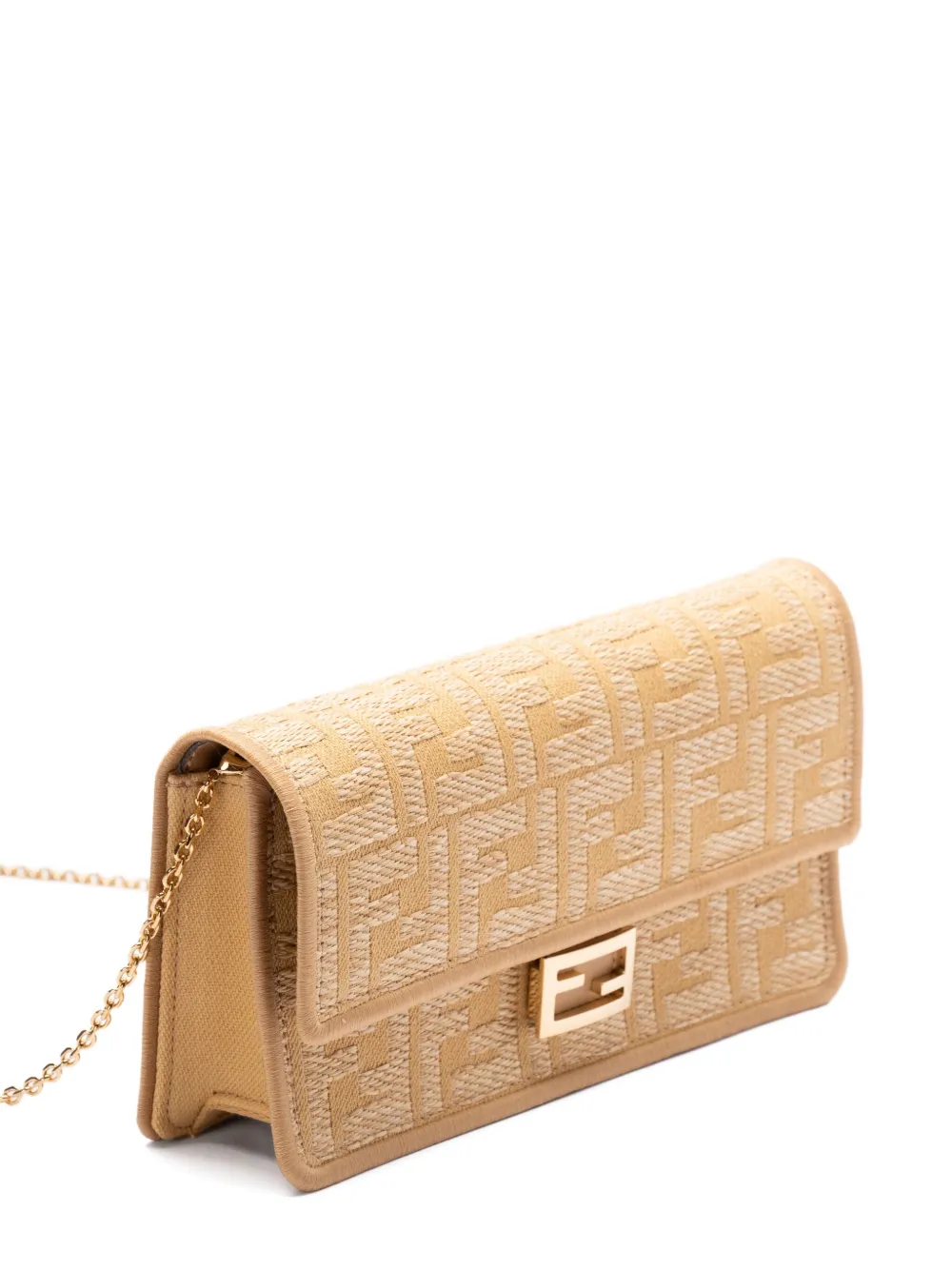 FENDI Baguette handtas met kettinghengsel en monogram Beige