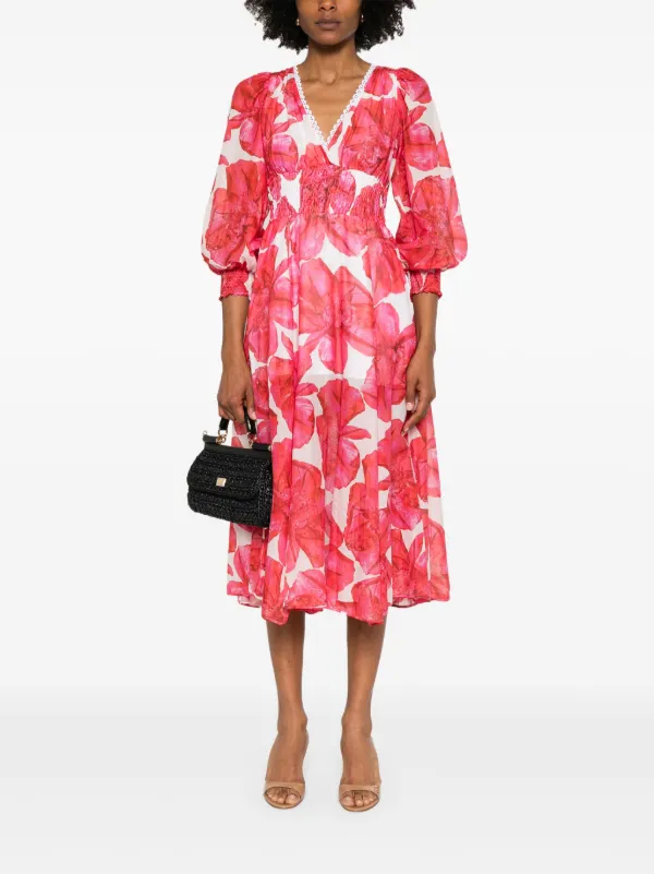 knee length dresses for ladies Ibiza Sunset Bust Flower Midi Dress Hot Pink