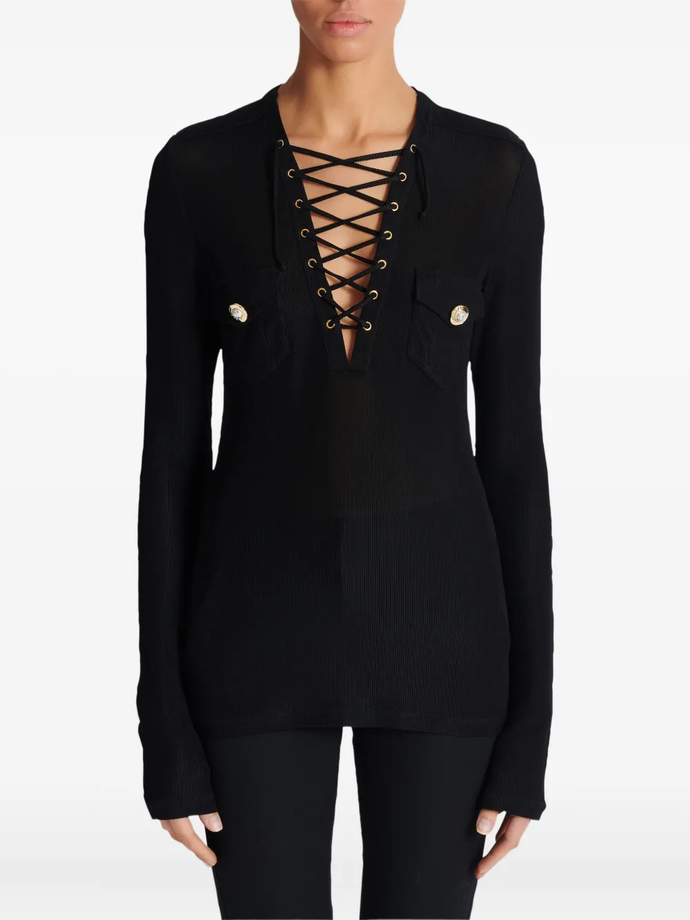 Balmain Top met lange mouwen en veters Zwart