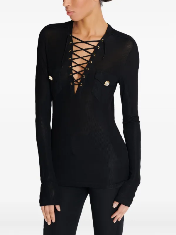 Balmain long-sleeved lace-up Top | Black | FARFETCH