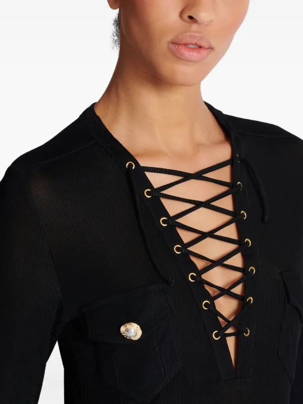 Balmain long-sleeved lace-up Top | Black | FARFETCH