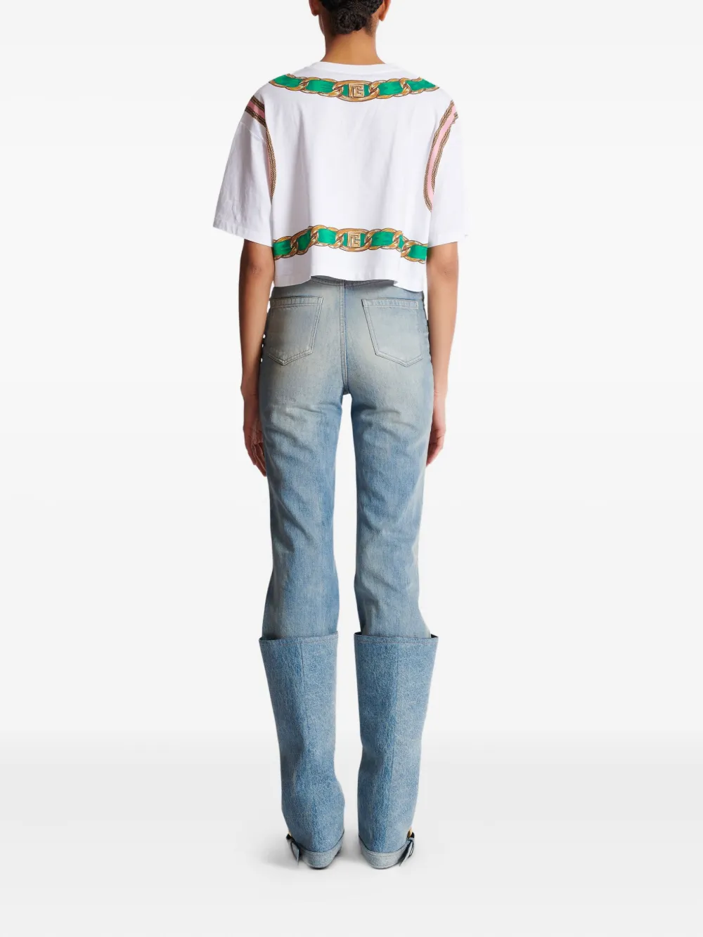 Balmain Cropped T-shirt met Foulard-print Wit