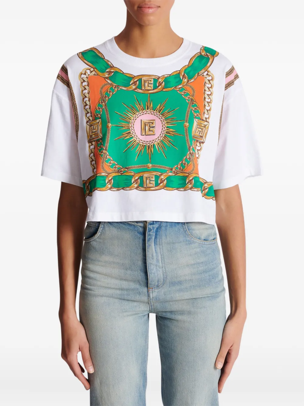 Balmain Cropped T-shirt met Foulard-print Wit