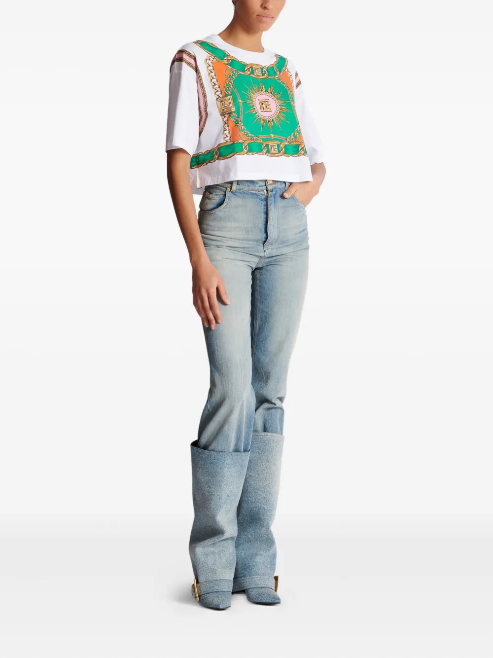 Balmain Cropped T-shirt met Foulard-print Wit