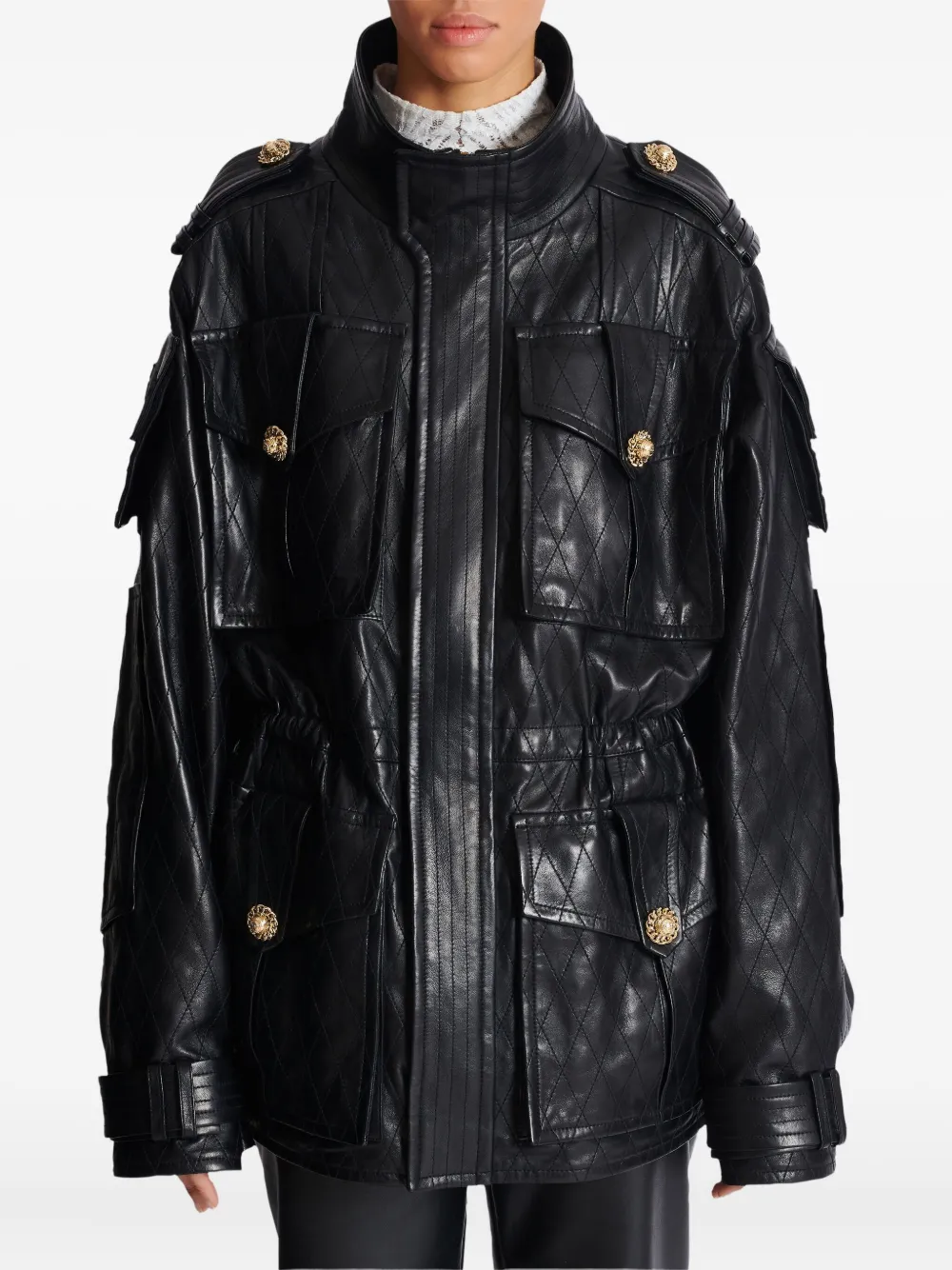 Balmain ダイヤステッチ レザーパーカーコート | ブラック | FARFETCH JP