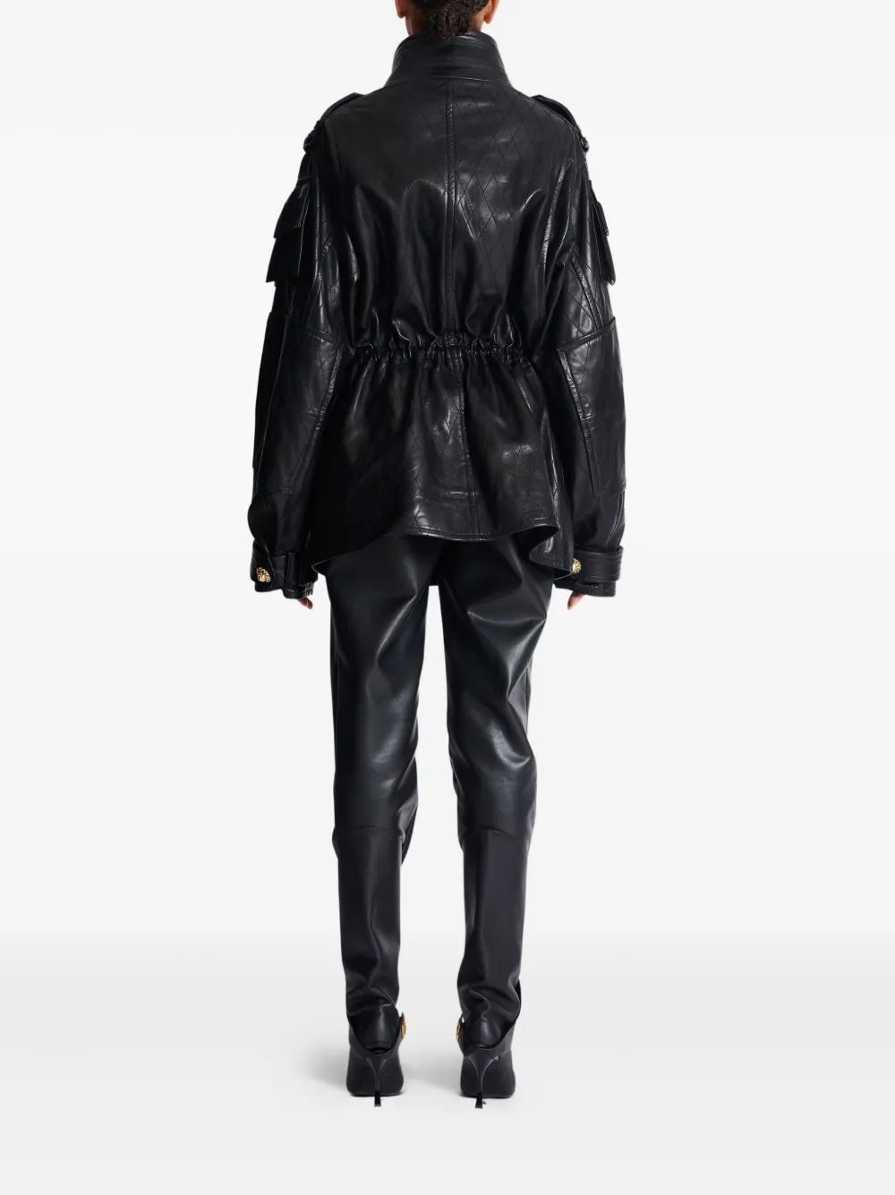 Balmain Diamond-stitched Leather Parka Coat