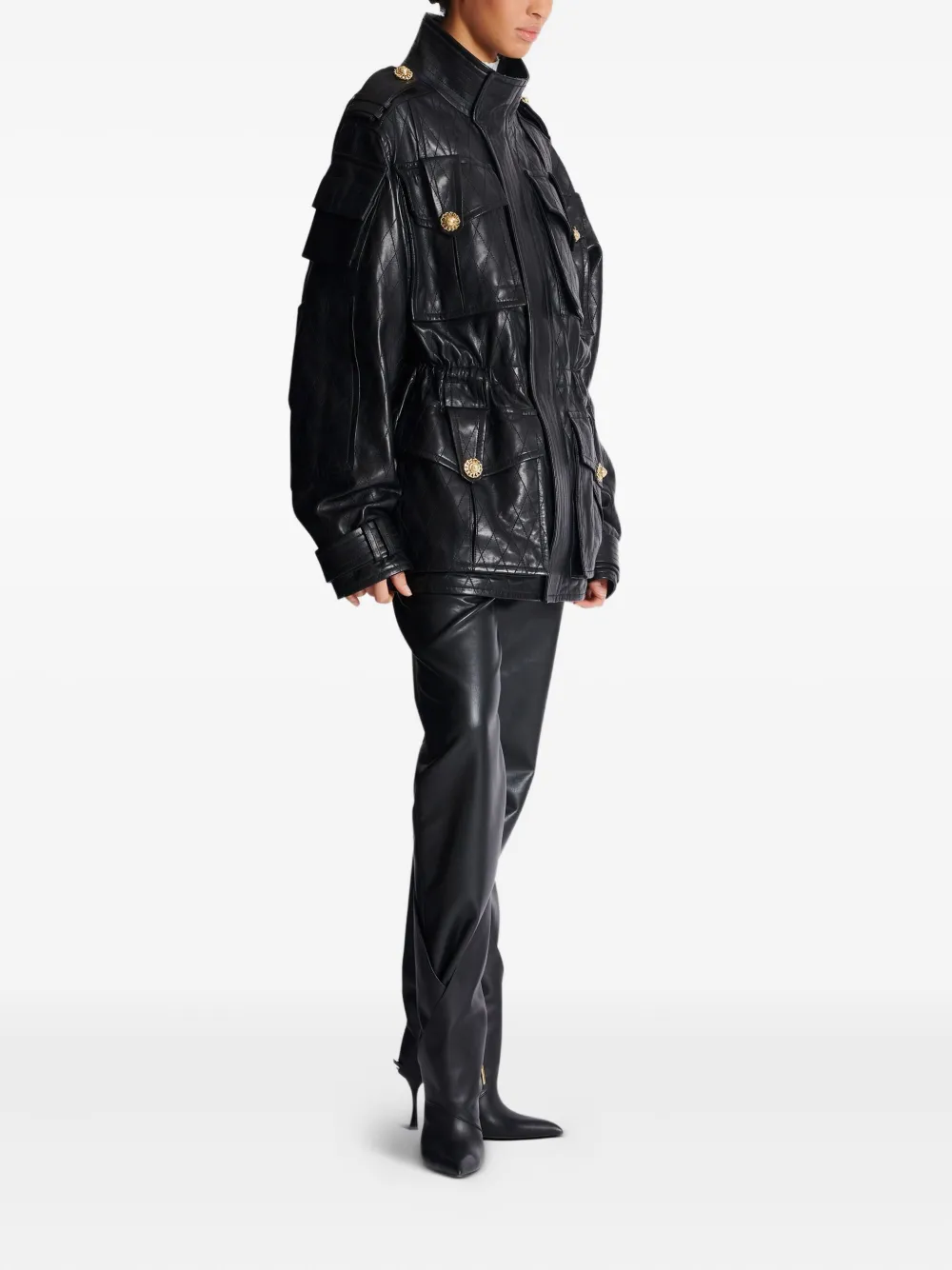 Balmain Diamond-stitched Leather Parka Coat