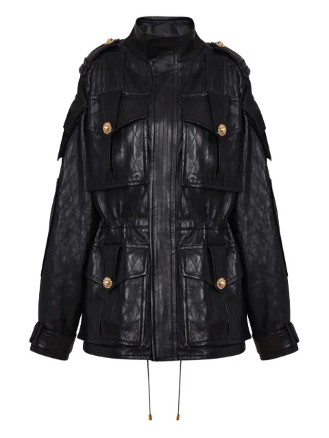 Balmain diamond-stitched leather parka coat