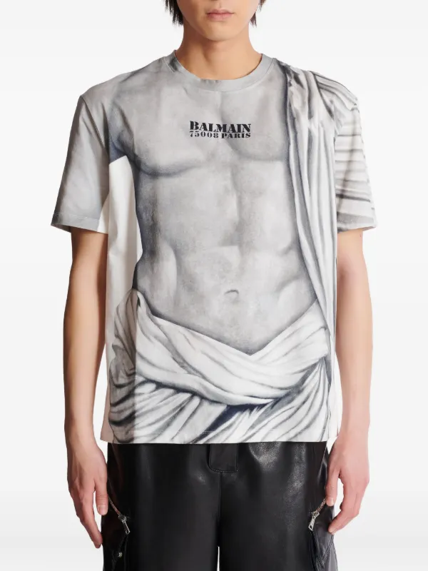 Balmain Logo statue-print Cotton T-shirt | Grey | FARFETCH
