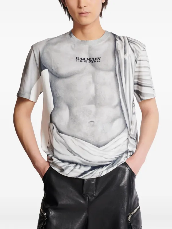 Balmain Logo statue-print Cotton T-shirt | Grey | FARFETCH