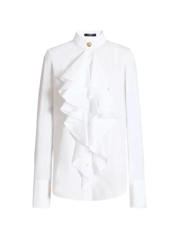 Balmain Ruffled Poplin Shirt in White