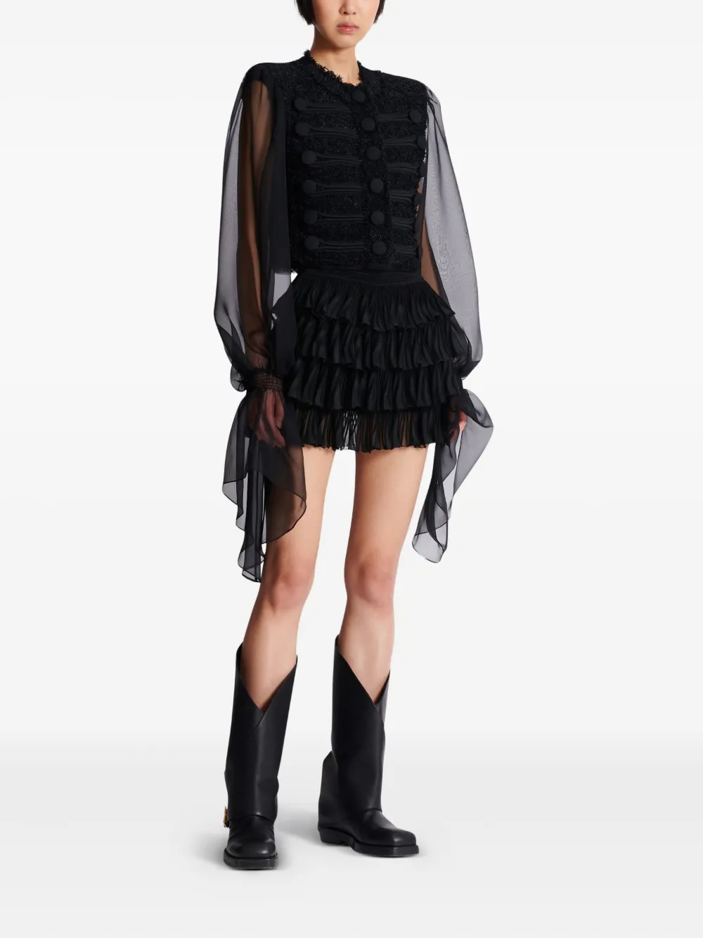 Balmain Tweed jack met chiffon mouwen Zwart